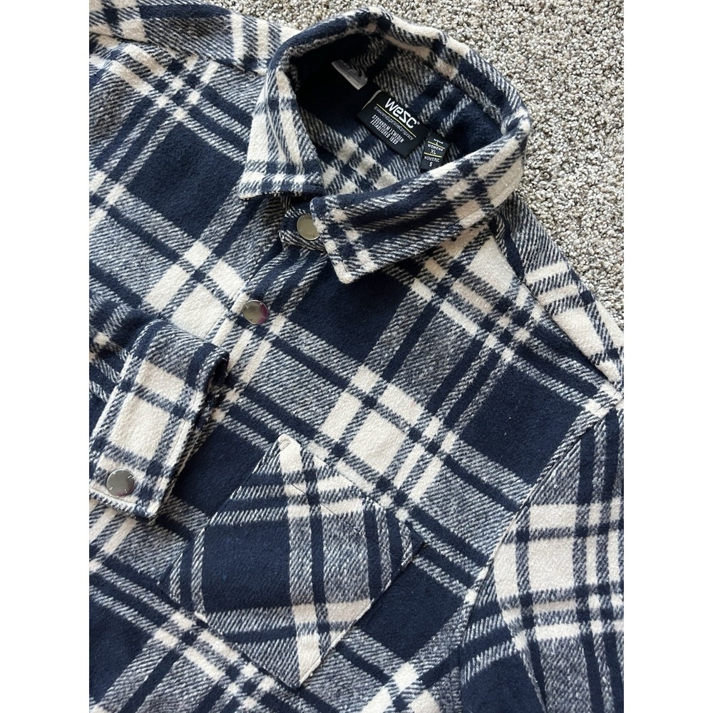 WESC Oden Sweden Overshirt Flannel Shirt Snap Front Black Plaid Shacket Men's‎ L